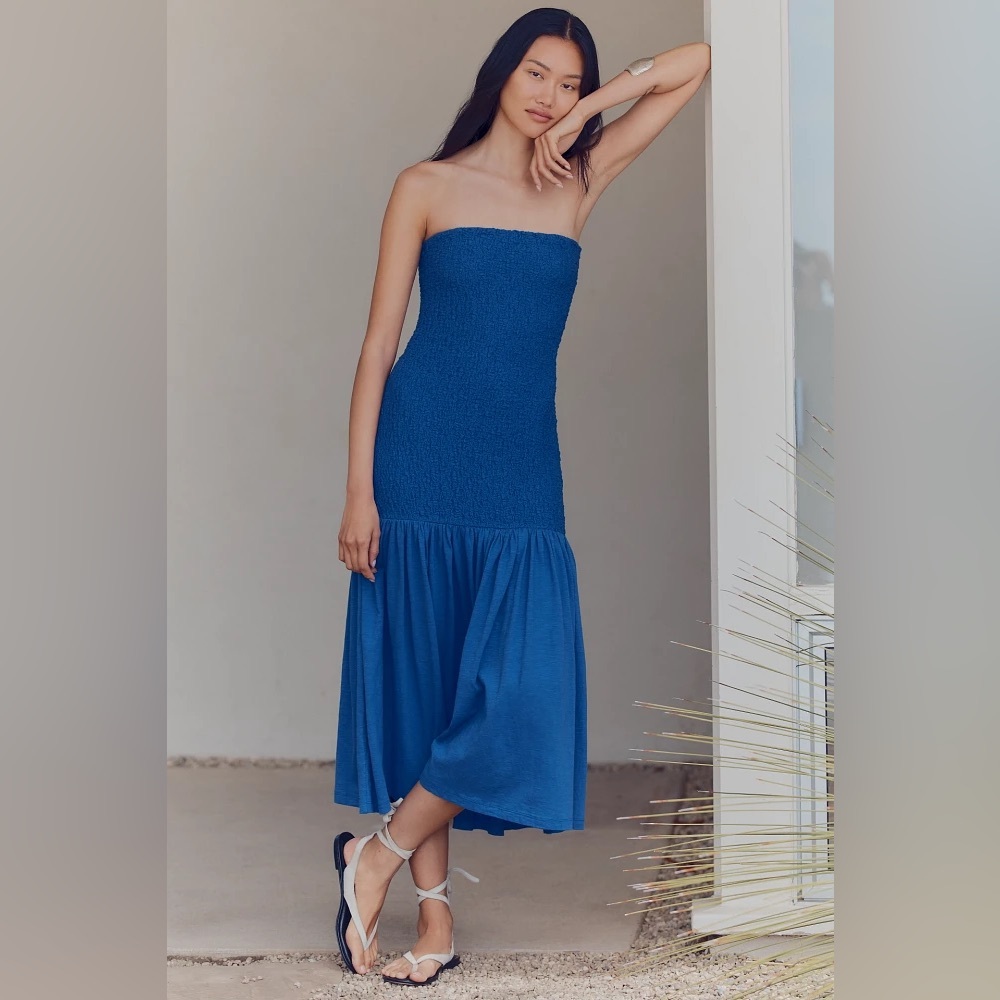 ANTHROPOLOGIE Celandine Strapless Popcorn Midi Blue Dress NWT Size Medium
